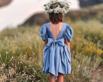 Dusty blue flower girl dress with bow on back, Occasion girl dresses, Boho flower girl dress, Linen toddler dress