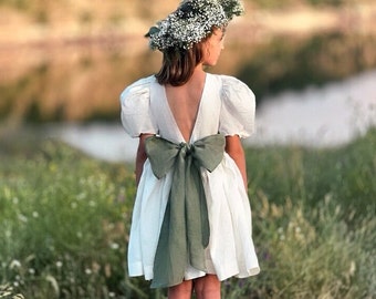 Ivory linen flower girl dress with sage green bow, Boho flower girl dress toddler, First communion dress