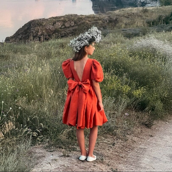 Robe de demoiselle d'honneur en terre cuite bohème pour tout-petit, robe de demoiselle d'honneur junior orange brûlé, robe en lin pour fille, robe d'anniversaire bohème