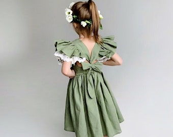 Sage green linen flower girl dress, Boho toddler dress, Rustic flower girl gown, Rustic sage green dress, Boho first birthday dress