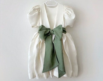 Toddler boho flower girl dress with sash bow, Ivory linen flower girl dress with puffy sleeves