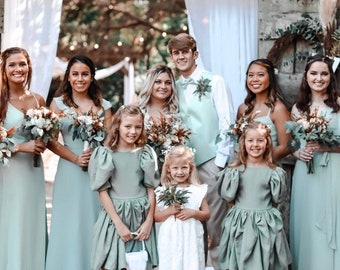 Linen toddler flower girl dress in boho style