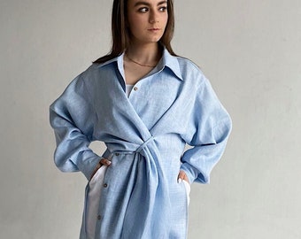 Women linen shirt with long sleeves, Women linen blouse, Linen wrap shirt, Linen shirt dress