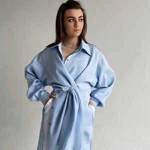 Women linen shirt with long sleeves, Women linen blouse, Linen wrap shirt, Linen shirt dress image 1