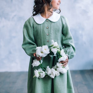 Meisjes linnen jurk, jurk met lange mouwen peuter, peter pan kraag jurk meisjes, linnen bloemenmeisje jurk, peuter boho jurk, boho jurk meisje