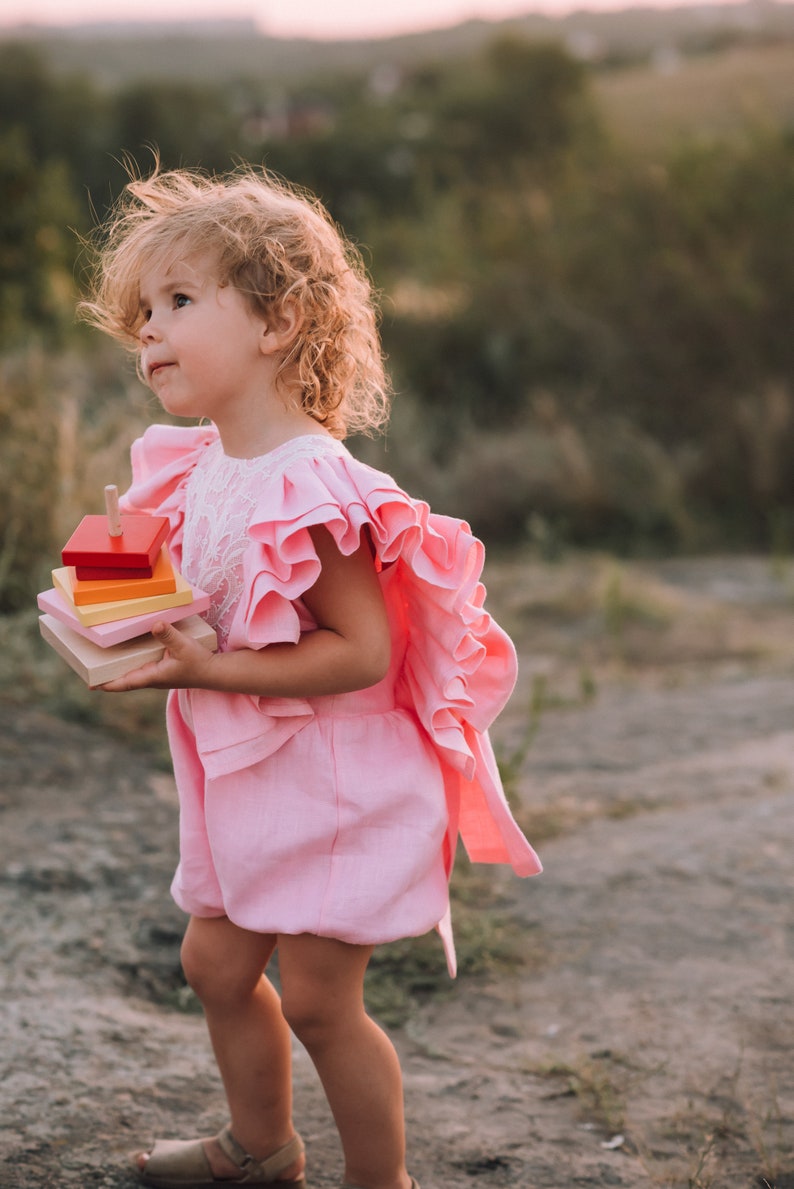 Combi-short de baptême ou de baptême en lin blanc, tenue bohème premier anniversaire pour bébé fille image 8