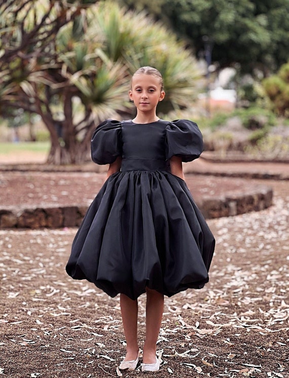 Black Organza Flower Girl Dress: Puffy Sleeves, Bow Back