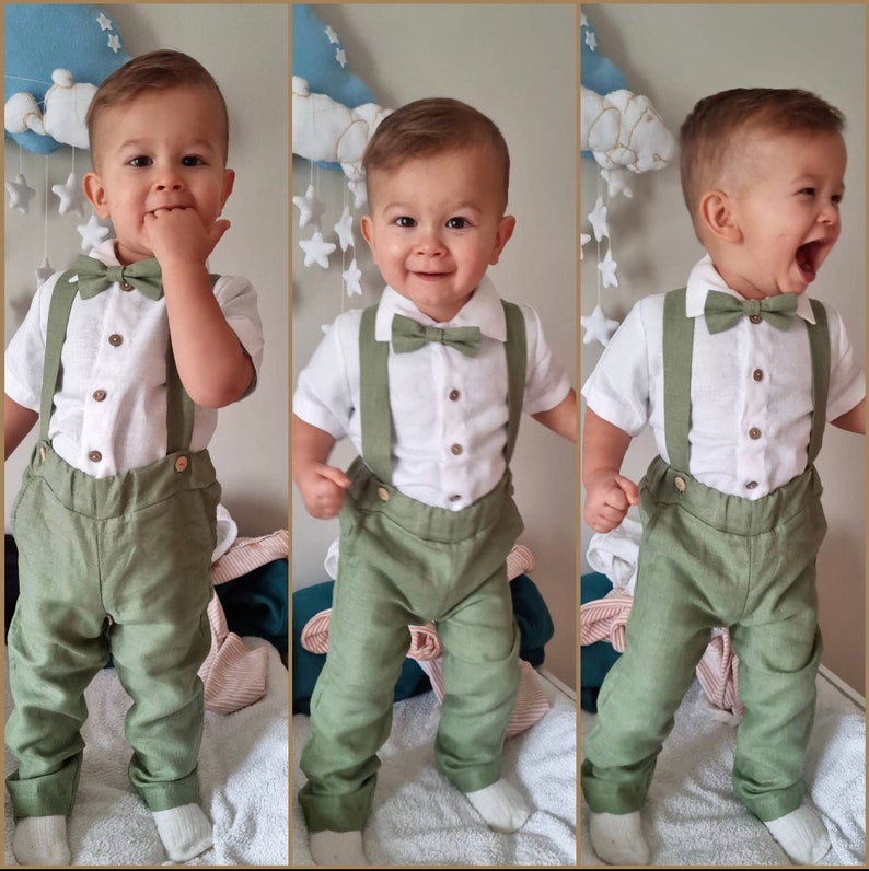 Boys linen pants with suspenders, Linen shirt boys, Page boy sage green suit set, Page boy pants, Toddler boy linen shirt image 1