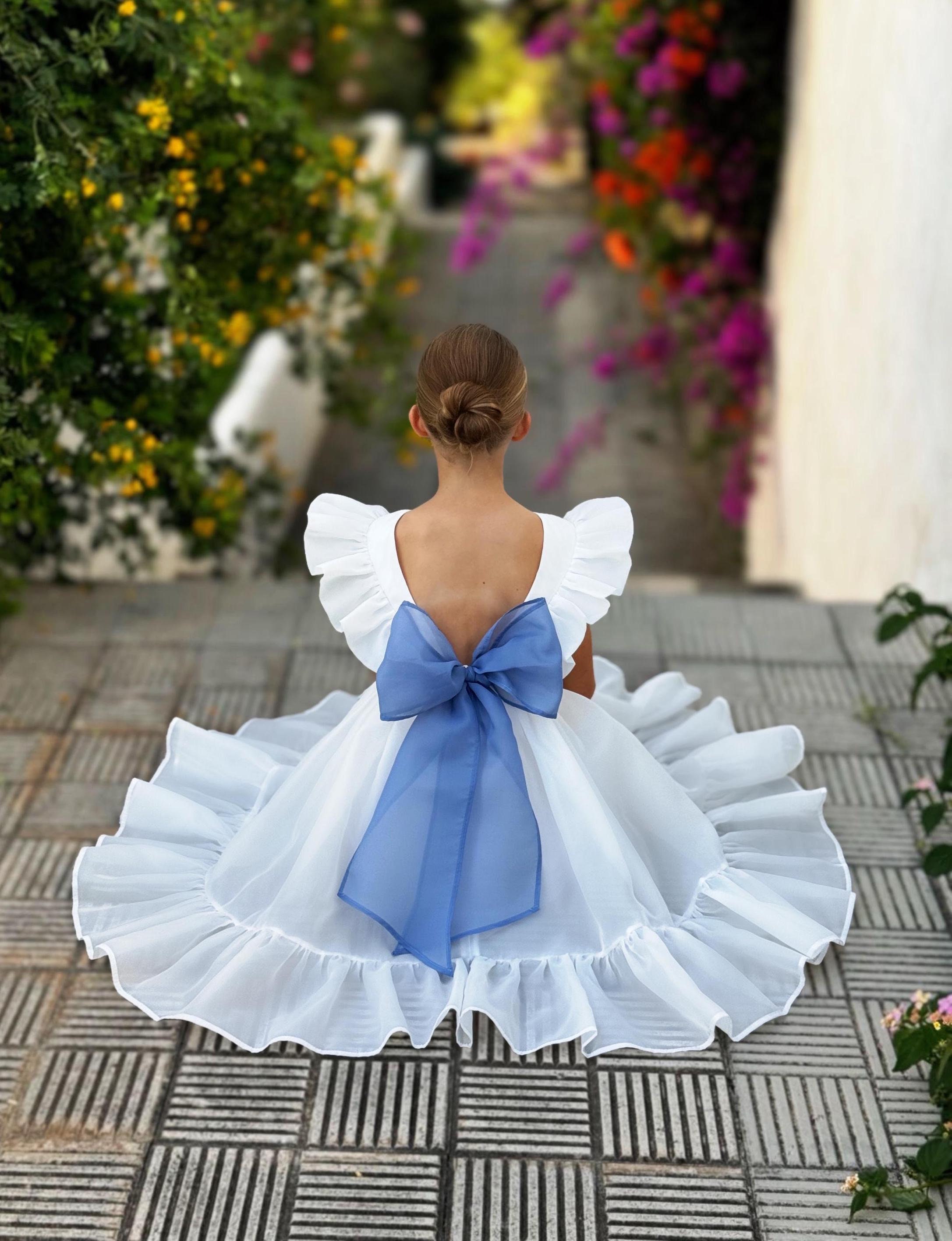 girls in white dresses with blue satin sashes Color:Ivory/Blue White Slip Dress, Off-Shoulder Dark Purple variant-swatch