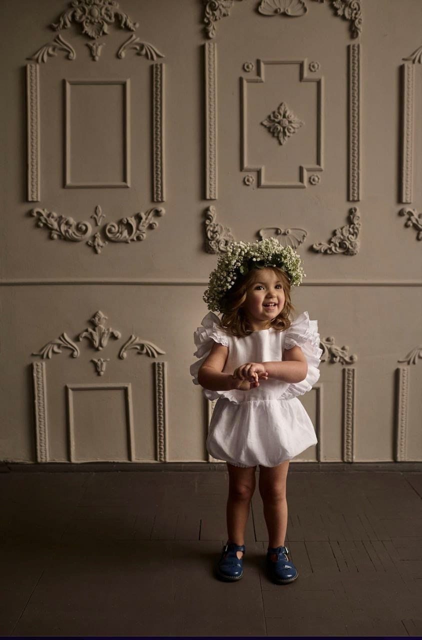 White linen baptism or christening romper, First birthday boho outfit for baby girl