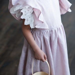 Mustard linen dress for girl with flutter sleeve, Girls linen pinafore dress, Toddler linen dress image 6