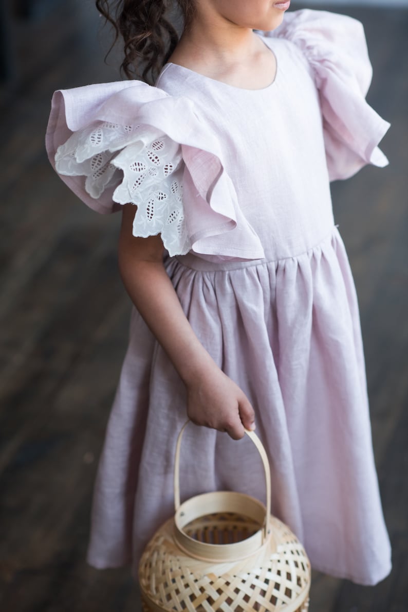 Mustard linen dress for girl with flutter sleeve, Girls linen pinafore dress, Toddler linen dress image 6