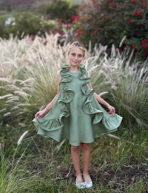 Sage Green Linen Flower Girl Dress: Ruffle Boho Birthday Dress - Etsy
