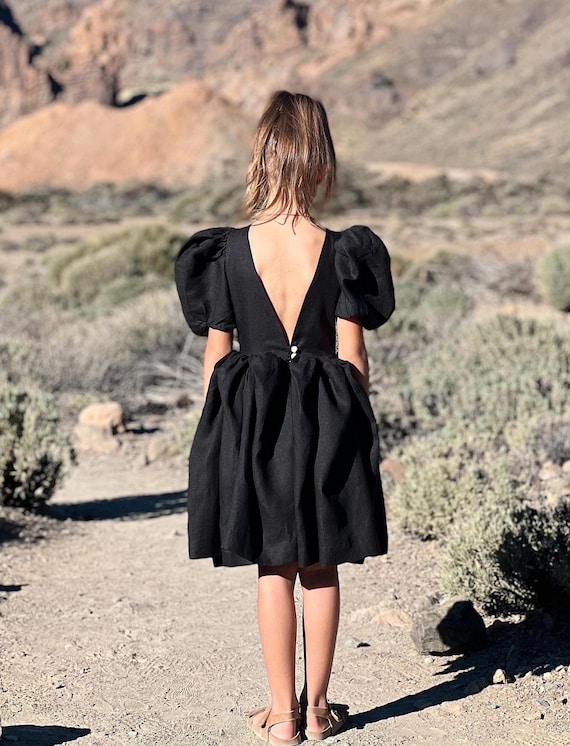 Black Linen Flower Girl Dress: Boho Toddler Puffy Sleeve Dress
