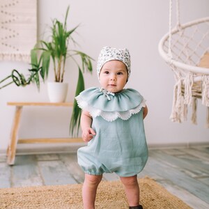Baby girl linen romper, Baby shower gift ideas, Baby girl bubble romper, Boho baby romper, Birthday romper, Linen clothes, Photoshoot outfit image 3