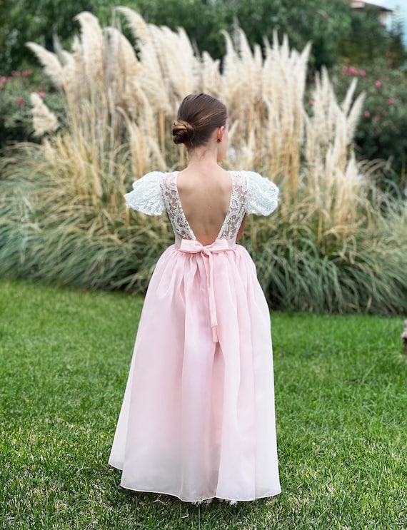Dusty Rose Lace Flower Girl Dress: Boho Organza Tea Length Dusty Rose Lace Flower Girl Dress: Boho Organza Tea Length