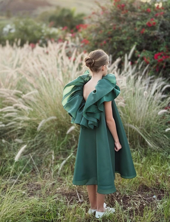 Forest Green Ruffle Flower Girl Dress: Boho Organza Satin