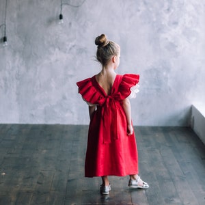 Mustard linen dress for girl with flutter sleeve, Girls linen pinafore dress, Toddler linen dress image 9