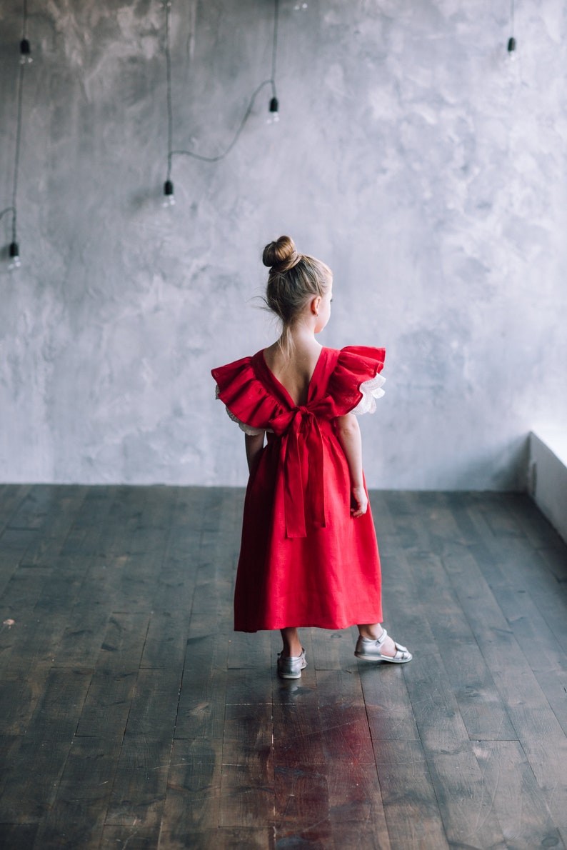 Mustard linen dress for girl with flutter sleeve, Girls linen pinafore dress, Toddler linen dress image 9