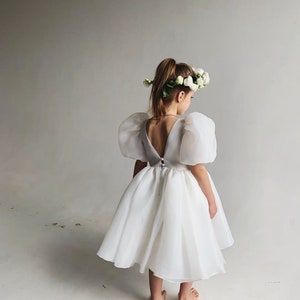 Bohemian ivory flower girl dress with puffy sleeves, First communion dress image 2