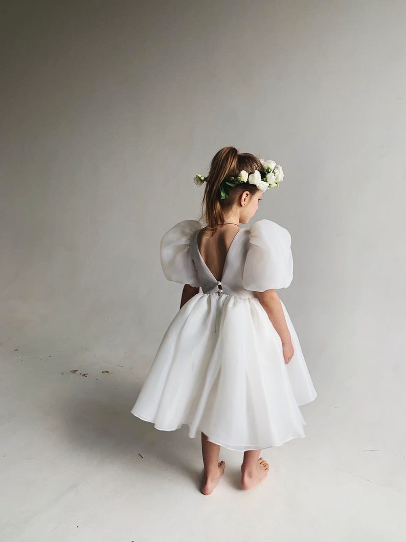 Bohemian ivory flower girl dress with puffy sleeves, First communion dress image 2