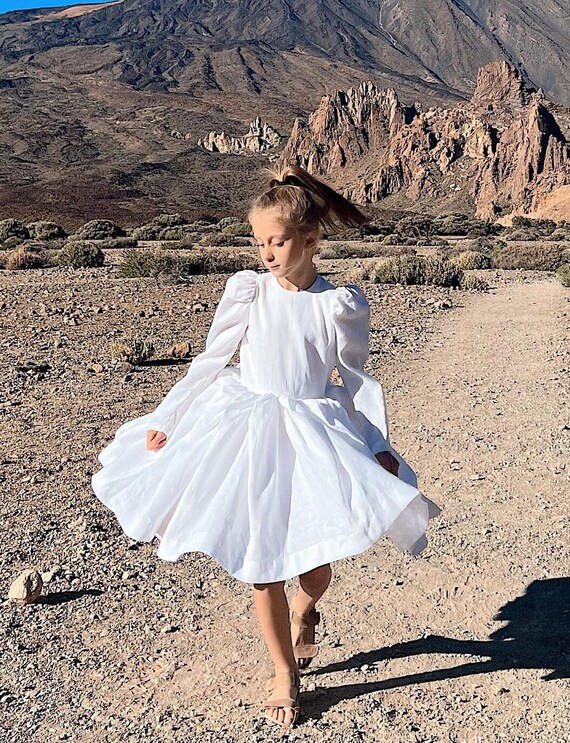 Ivory Linen Flower Girl Dress: Long Sleeve Boho Communion Dress