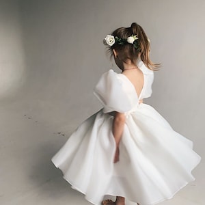 Bohemian ivory flower girl dress with puffy sleeves, First communion dress image 8