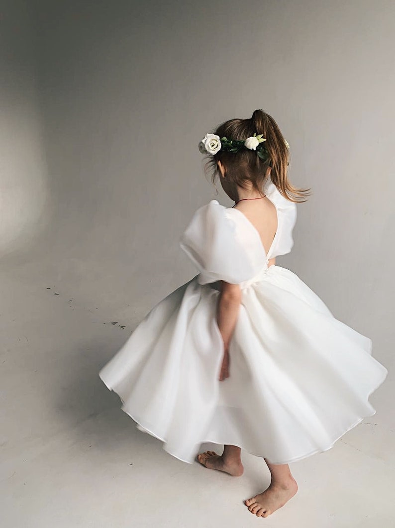 Bohemian ivory flower girl dress with puffy sleeves, First communion dress image 8