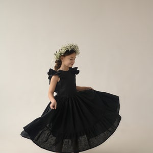 Boho linen flower girl dress, Boho first birthday dress, Girl linen dress, Bohemian flower girl dress Black
