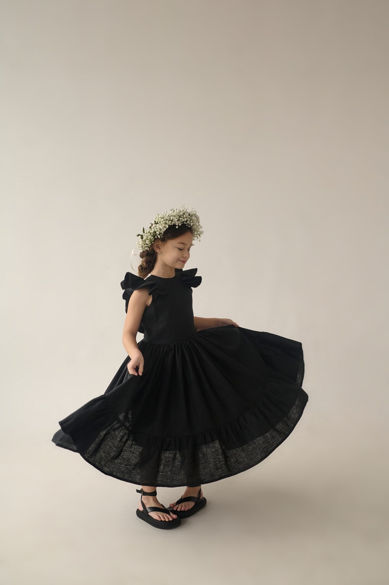 Boho linen flower girl dress, Boho first birthday dress, Girl linen dress, Bohemian flower girl dress Black