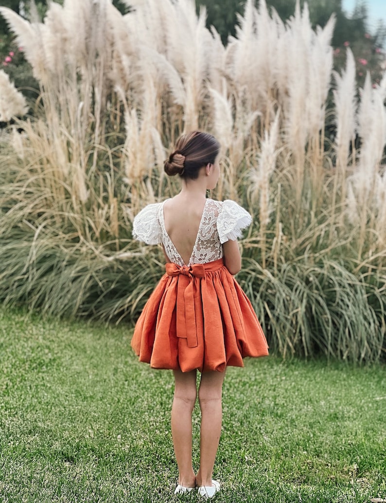 Terracotta lace flower girl dress, Linen flower girl dress toddler, Burnt orange flower girl dress, Boho flower girl dress Rust / Burnt orange