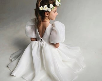 Bohemian ivory flower girl dress with puffy sleeves, First communion dress