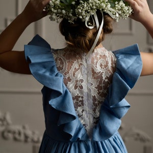 Dusty blue and white linen flower girl dress in boho image 2