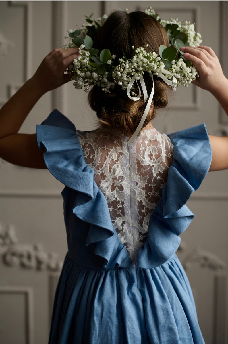 Dusty blue and white linen flower girl dress in boho image 2