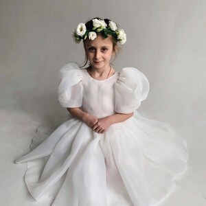 Bohemian ivory flower girl dress with puffy sleeves, First communion dress image 3