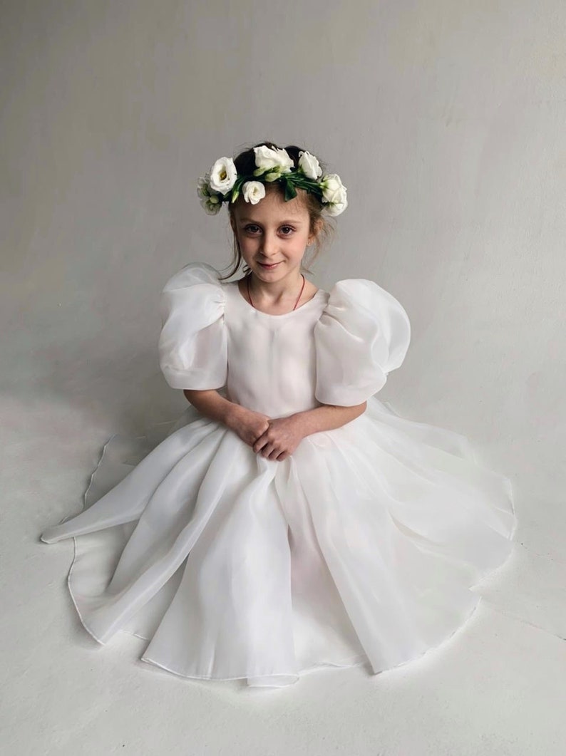 Bohemian ivory flower girl dress with puffy sleeves, First communion dress image 3