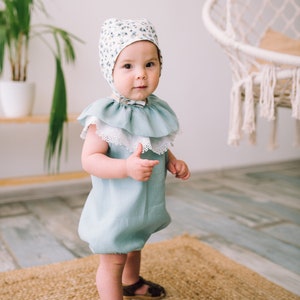 Baby girl linen romper, Baby shower gift ideas, Baby girl bubble romper, Boho baby romper, Birthday romper, Linen clothes, Photoshoot outfit image 2