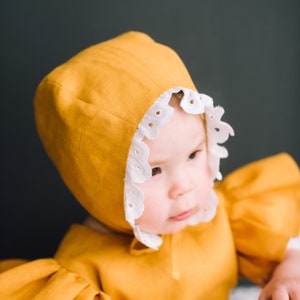 Linen baby bonnet with brim, ruffle brim bonnet, linen baby girl sun hat, sunbonnet babies, vintage baby bonnet, summer hat baby image 9