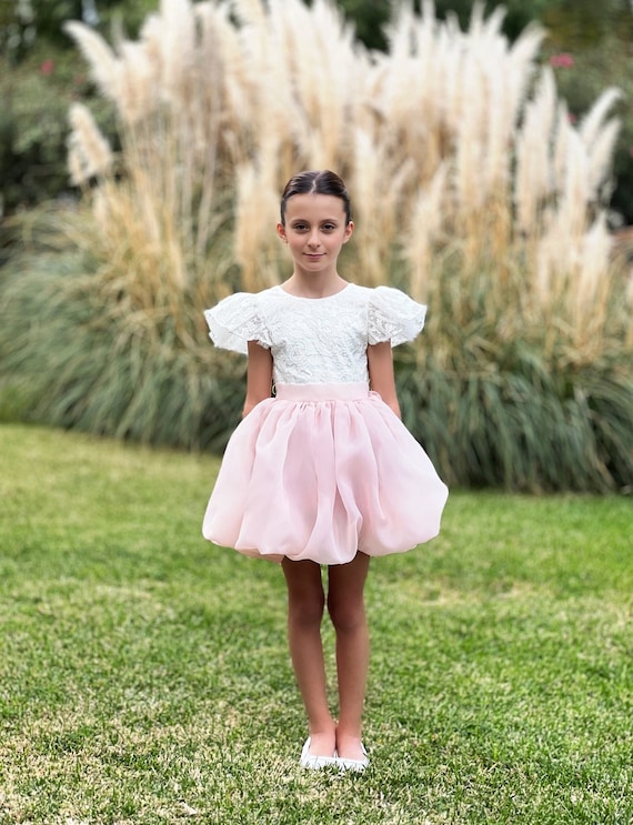Ivory Lace Flower Girl Dress: Blush Tulle Balloon Skirt