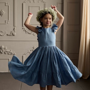 Dusty blue and white linen flower girl dress in boho image 3