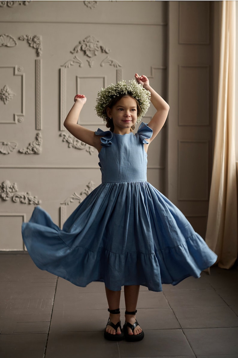 Dusty blue and white linen flower girl dress in boho image 3