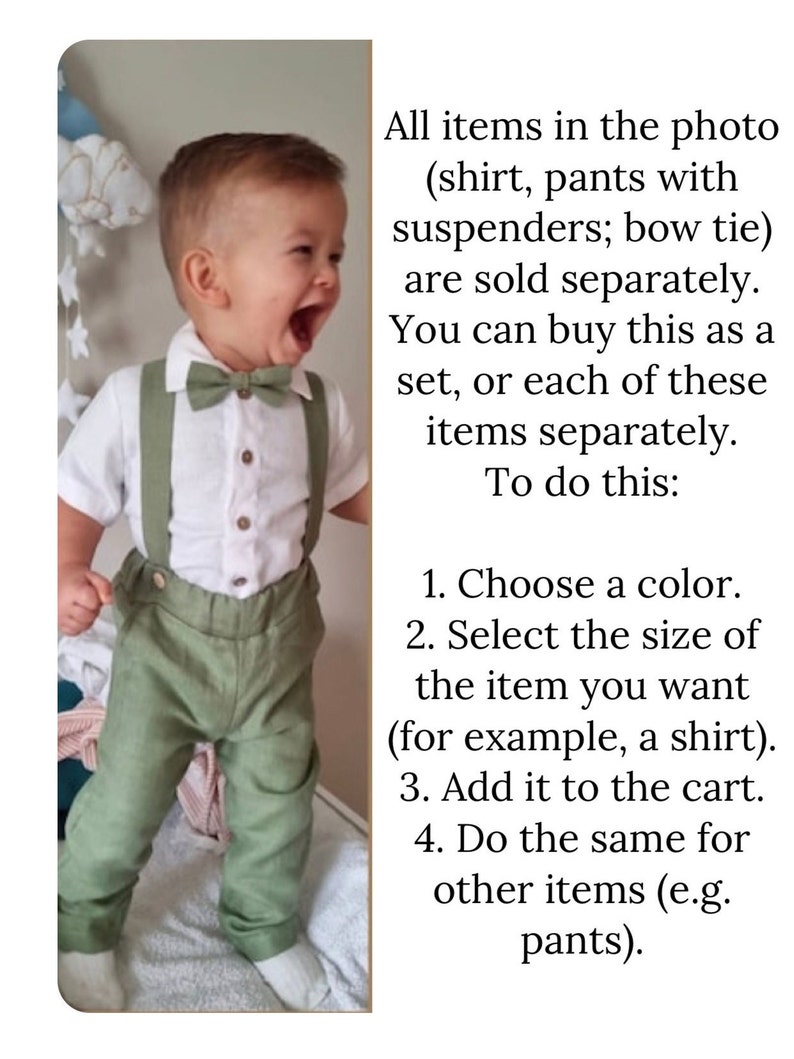 Boys linen pants with suspenders, Linen shirt boys, Page boy sage green suit set, Page boy pants, Toddler boy linen shirt image 2