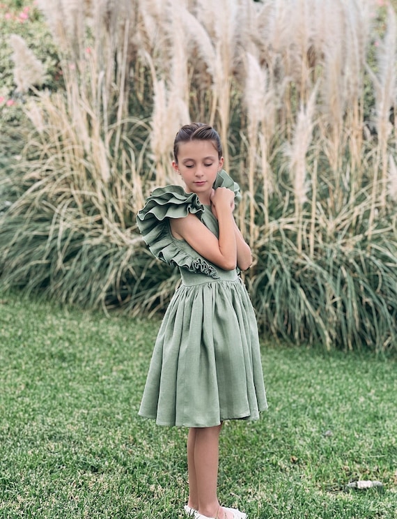 Sage Green Linen Flower Girl Dress: Boho Rustic Toddler Dress