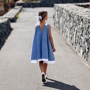 Dusty blue boho linen flower girl dress