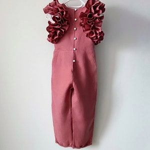 Boho Rosewood Linen Flower Girl Jumpsuit: Ruffle Romper