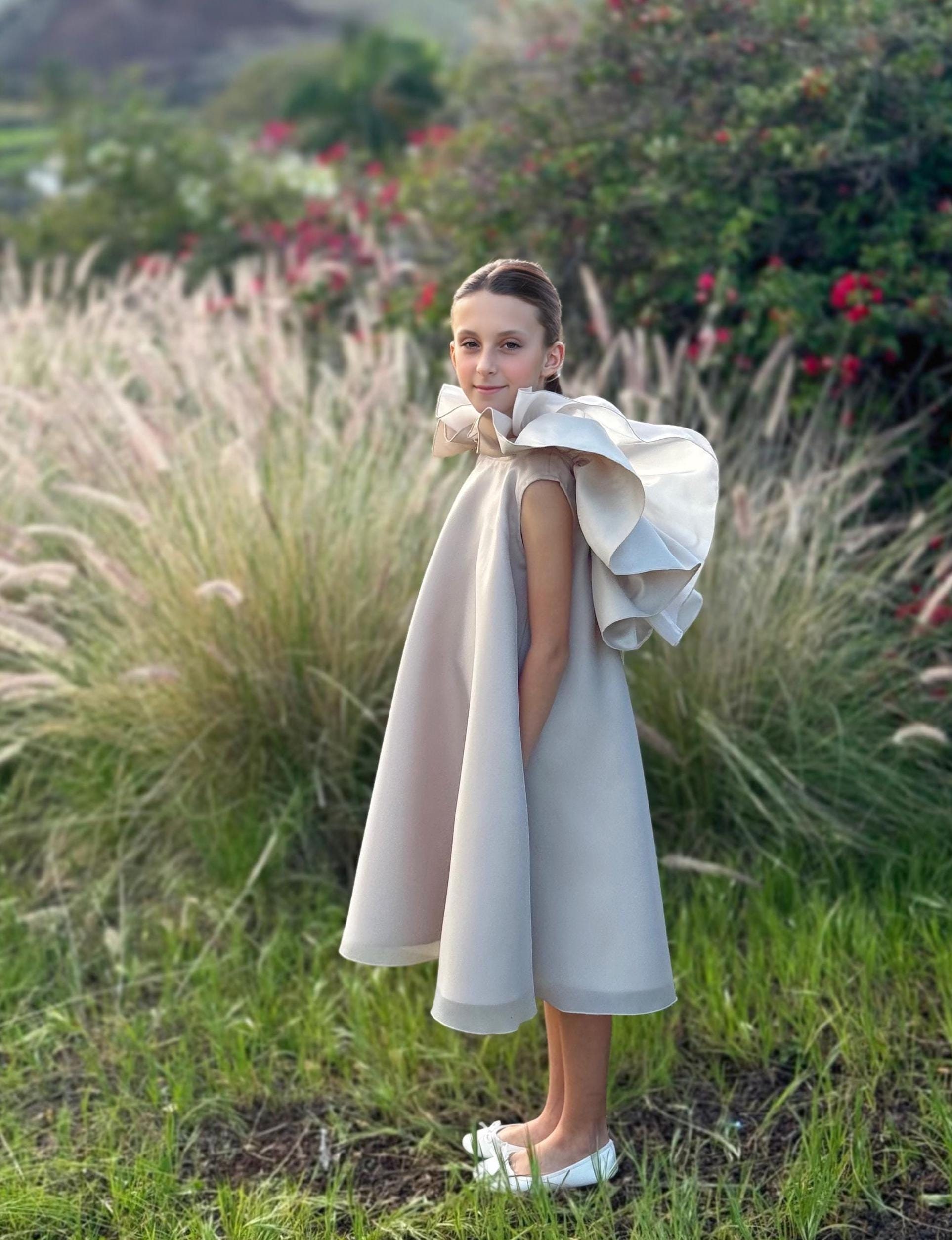 ivory jr bridesmaid dresses Dress and Champagne Long sleeve Lane Eyelet Maxi Dress size_medium Fluffy Junior Bridesmaid Dress Set Option:Dress/Plain Sash