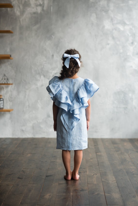 Sky Blue Melange Girls Linen Dress With Flutter Sleeve Natural Linen Sundress for Girl Summer Flax Dress Toddler Linen Dress Etsy Canada