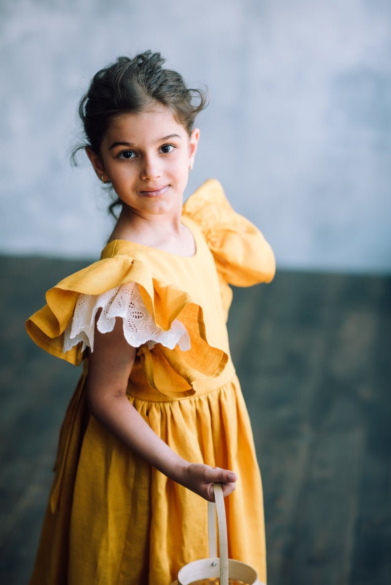 Mustard linen dress for girl with flutter sleeve, Girls linen pinafore dress, Toddler linen dress image 2