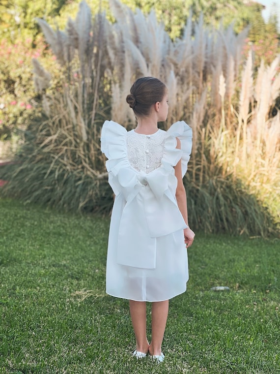boho communion dress Ivory Lace Flower Girl Dress With Bow: Boho Communion Dress
