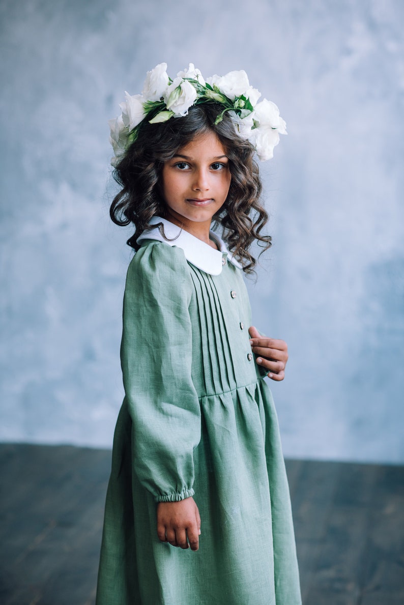 Girls Linen Dress Long Sleeve Dress Toddler Peter Pan Collar Etsy